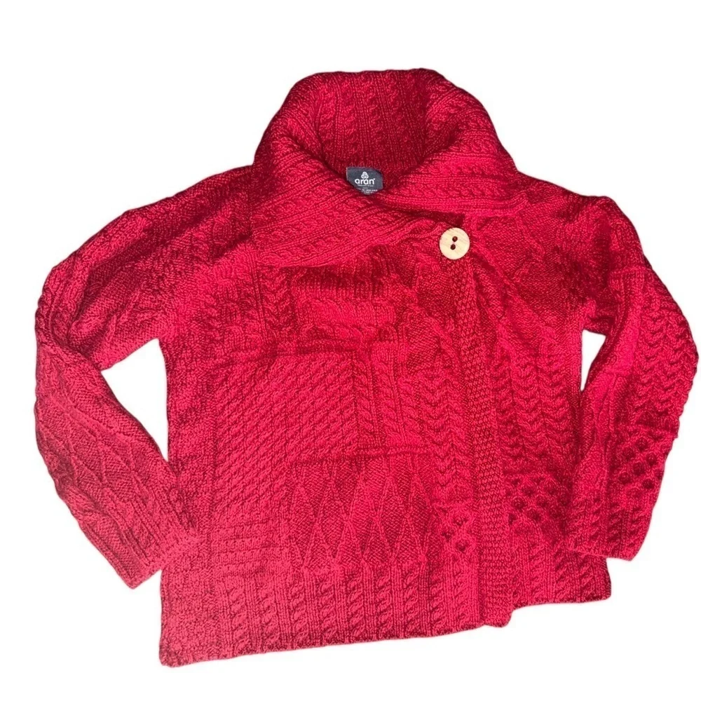 Aran Red Wool Cardigan Irish Patchwork Wrap Button Collar Merino XL